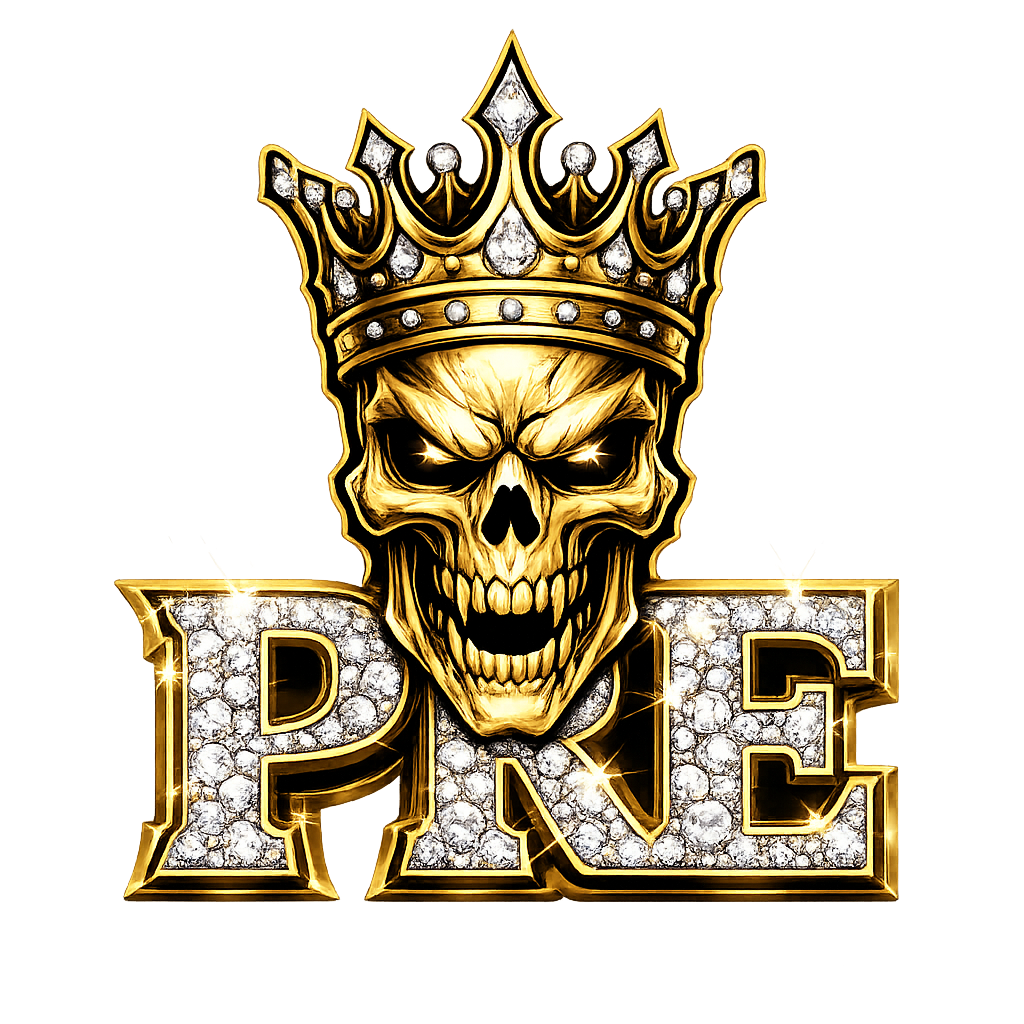 P.R.E. crowned skull logo